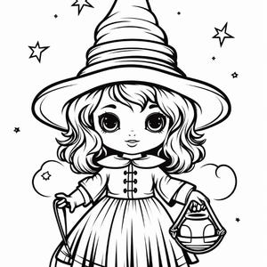 May include: A black and white line art illustration of a character wearing a tall pointed hat and a dress with a pleated skirt. The character has large eyes, wavy hair, and holds a small round container in one hand, surrounded by stars.