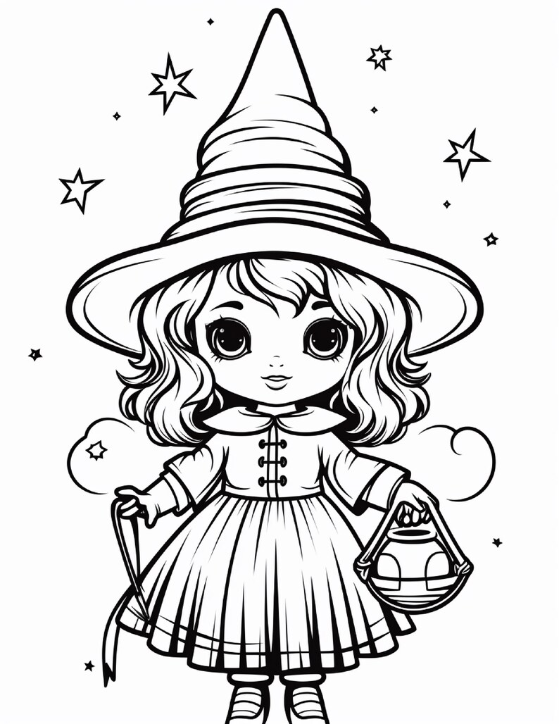 May include: A black and white line art illustration of a character wearing a tall pointed hat and a dress with a pleated skirt. The character has large eyes, wavy hair, and holds a small round container in one hand, surrounded by stars.