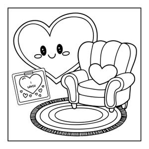 A line drawing of an armchair with a heart pillow, a large heart with a face, and a framed 'I LOVE U' picture, all on a round rug.