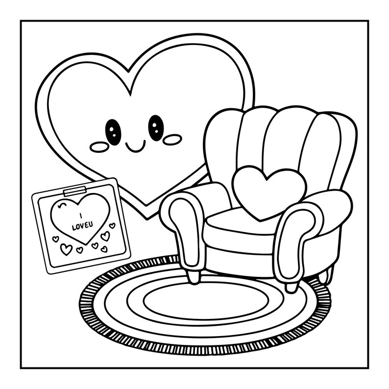 A line drawing of an armchair with a heart pillow, a large heart with a face, and a framed 'I LOVE U' picture, all on a round rug.