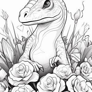Pu&ograve; includere: Un'illustrazione in bianco e nero a tratto che raffigura un giovane dinosauro dalla pelle ruvida che spunta da un gruppo di rose in fiore ed erba alta. Il dinosauro ha grandi occhi e artigli affilati appoggiati sui petali dei fiori.