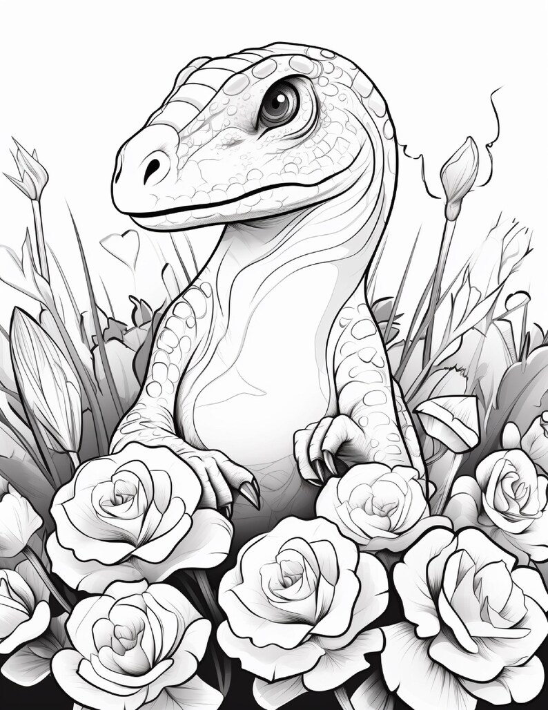 Pu&ograve; includere: Un'illustrazione in bianco e nero a tratto che raffigura un giovane dinosauro dalla pelle ruvida che spunta da un gruppo di rose in fiore ed erba alta. Il dinosauro ha grandi occhi e artigli affilati appoggiati sui petali dei fiori.