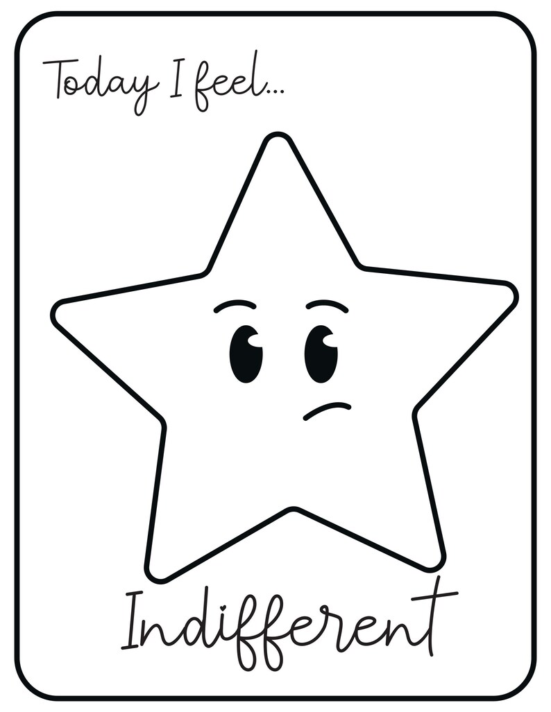 A black and white printable card with the text Today I feel... and a star character with an unsure expression and one raised eyebrow above the text Indifferent.