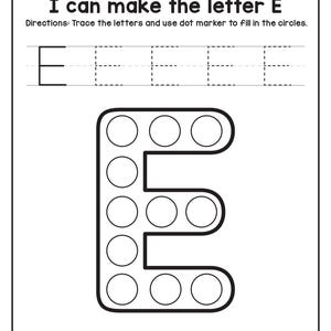 A printable worksheet titled I can make the letter E with dotted tracing letters and a large letter E filled with circles for dot markers above text reading E is for Elephant.