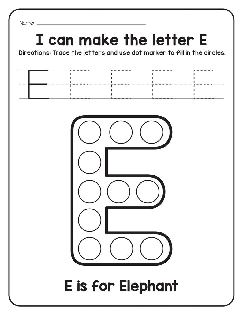 A printable worksheet titled I can make the letter E with dotted tracing letters and a large letter E filled with circles for dot markers above text reading E is for Elephant.
