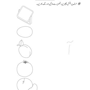 An educational worksheet featuring outline drawings of a mirror, egg, plum, pomegranate, and peach alongside a dotted Urdu letter.