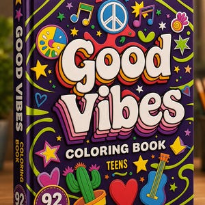 Good Vibes Coloring Book for Teens | Retro Groovy Pages, 92 Designs (Digital Download) image 1