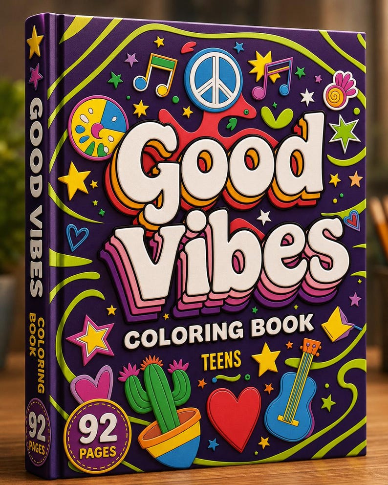 Good Vibes Coloring Book for Teens | Retro Groovy Pages, 92 Designs (Digital Download) image 1