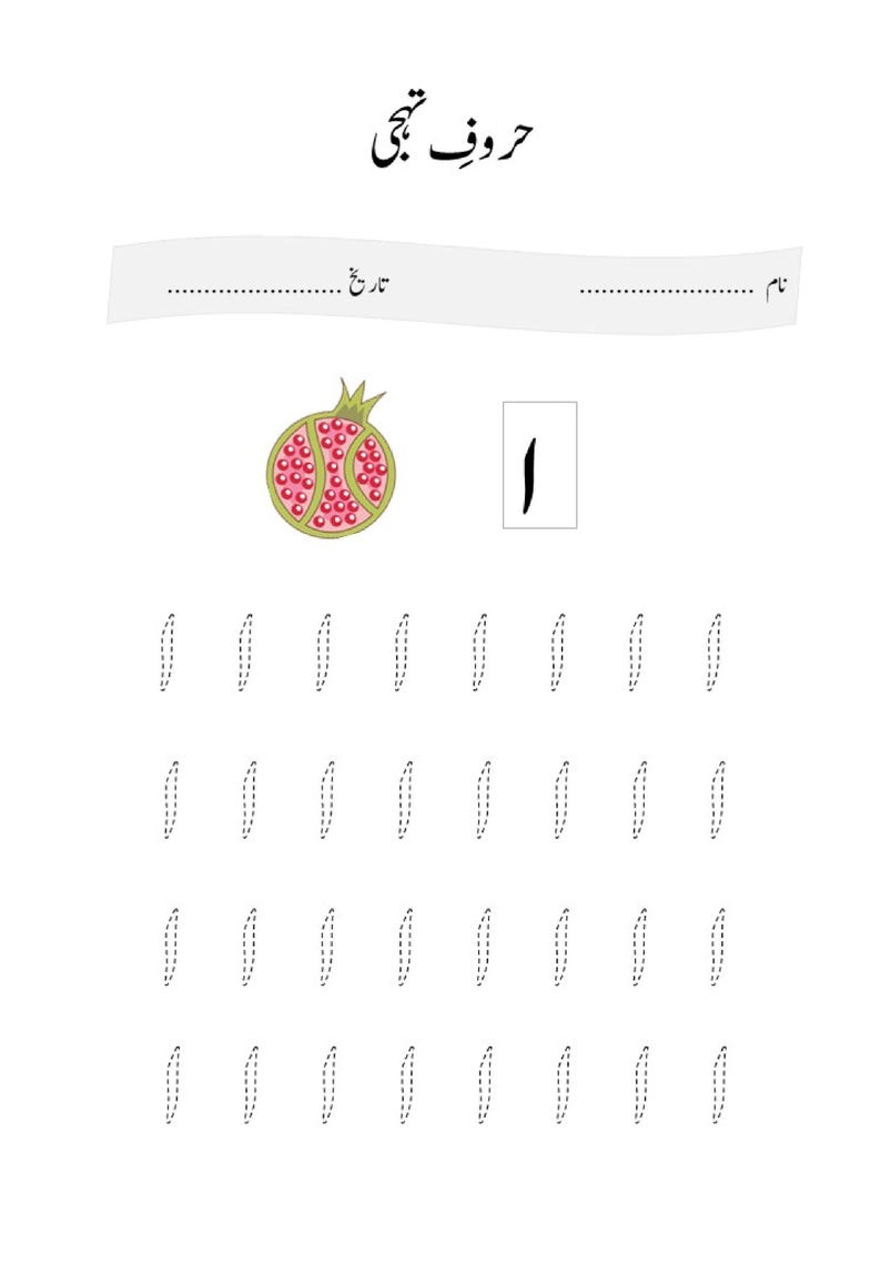 A printable Urdu letter tracing worksheet featuring the letter Alif accompanied by an image of a pomegranate and four rows of dotted tracing guides.