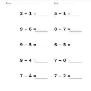 May include: A white educational worksheet titled Subtraction &bull; Single Digit with blank lines for Name and Date. It features ten single-digit subtraction problems arranged in two columns, each ending with an equals sign and a blank line for answers.