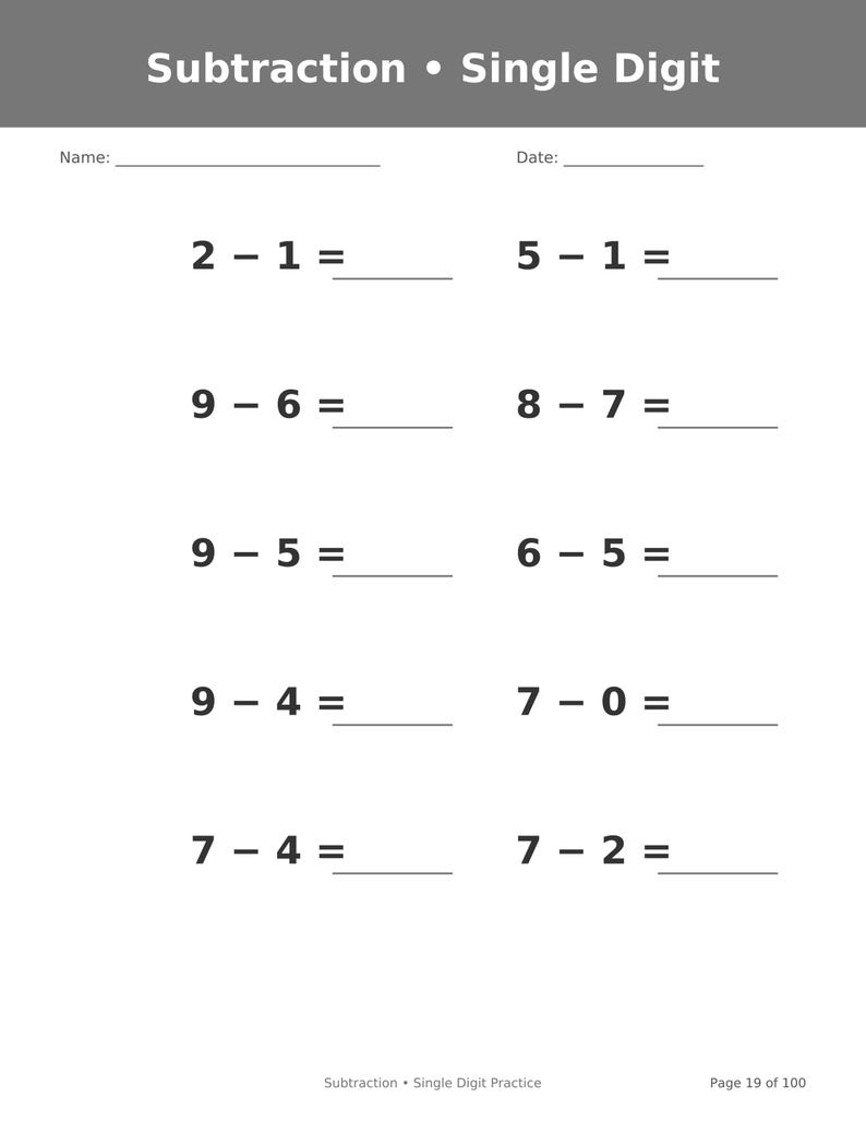May include: A white educational worksheet titled Subtraction &bull; Single Digit with blank lines for Name and Date. It features ten single-digit subtraction problems arranged in two columns, each ending with an equals sign and a blank line for answers.