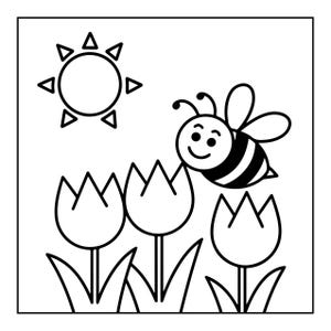 A black and white coloring page showing a smiling bee flying towards three tulips, with a sun in the upper left corner.