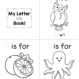 A printable coloring worksheet for the letter O featuring an owl, an orange, and an octopus with tracing lines.