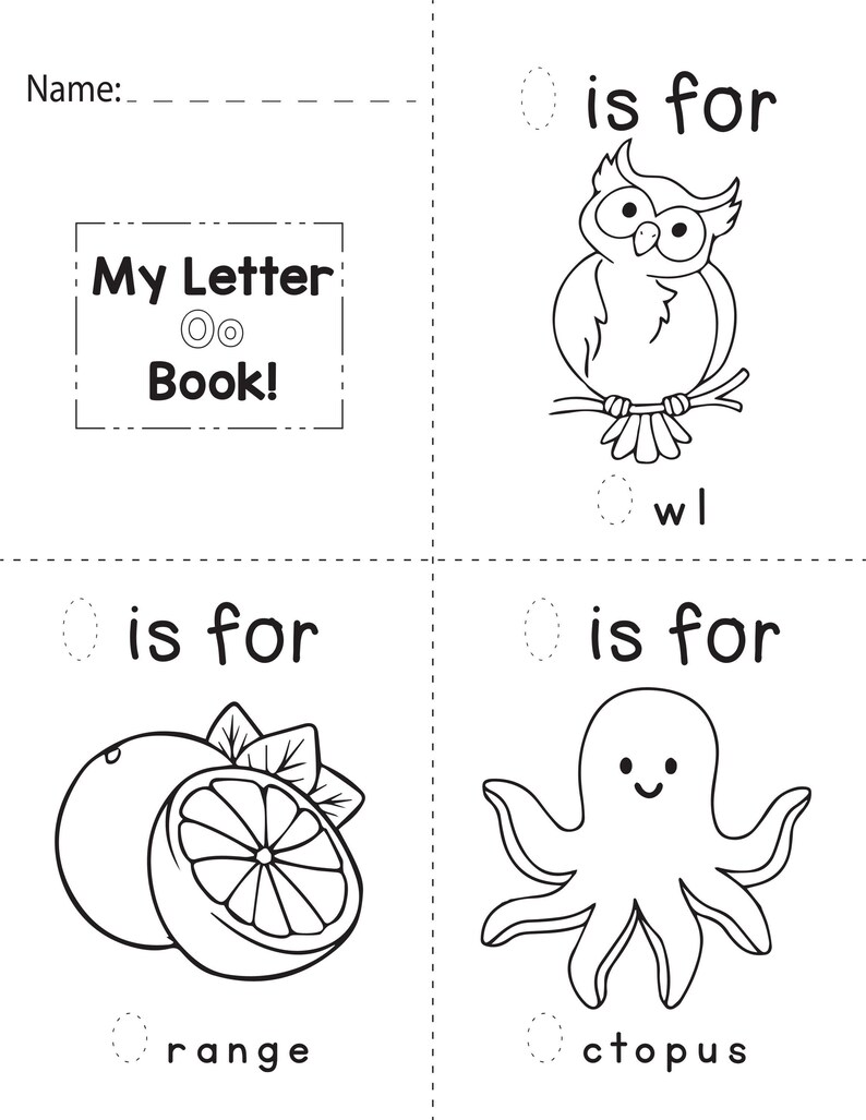 A printable coloring worksheet for the letter O featuring an owl, an orange, and an octopus with tracing lines.