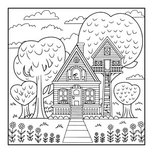 May include: A black and white line art colouring page featuring a house with a front porch and a treehouse connected by a ladder. The scene includes surrounding trees, a path leading to the front door, and a garden with flowers in the foreground.