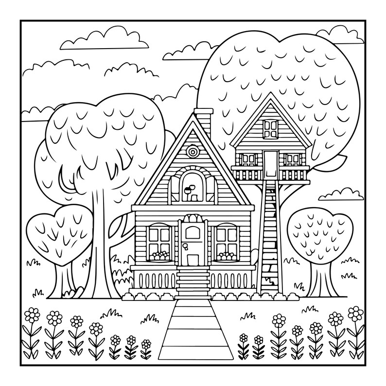 May include: A black and white line art colouring page featuring a house with a front porch and a treehouse connected by a ladder. The scene includes surrounding trees, a path leading to the front door, and a garden with flowers in the foreground.