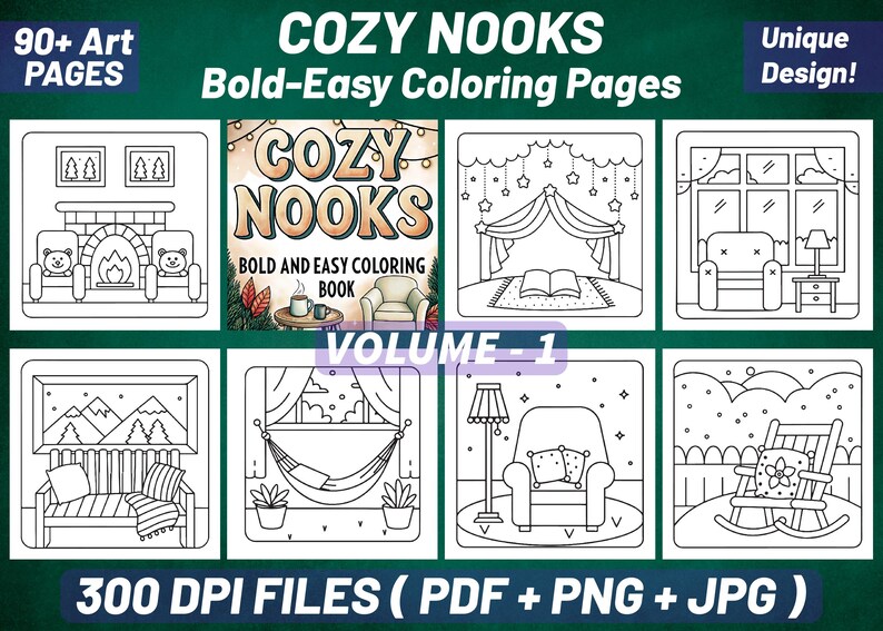 Kolorowanka „Cozy Nooks Bold Easy” | 90 stron, plik PDF do druku (pobranie cyfrowe) zdjęcie 19