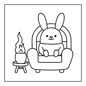 May include: A black and white line art illustration featuring a cartoon rabbit with long ears sitting in an armchair. To the left of the armchair is a small stool holding a potted plant with flames rising from the top of the foliage.