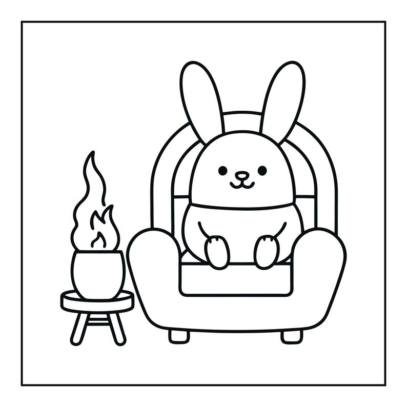 May include: A black and white line art illustration featuring a cartoon rabbit with long ears sitting in an armchair. To the left of the armchair is a small stool holding a potted plant with flames rising from the top of the foliage.