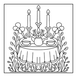 May include: A black and white line art illustration featuring a round table covered with a cloth, set with a teapot and two bowls. Behind the table, a three-armed candelabra holds lit candles. The entire scene is framed by tall, leafy floral stems.