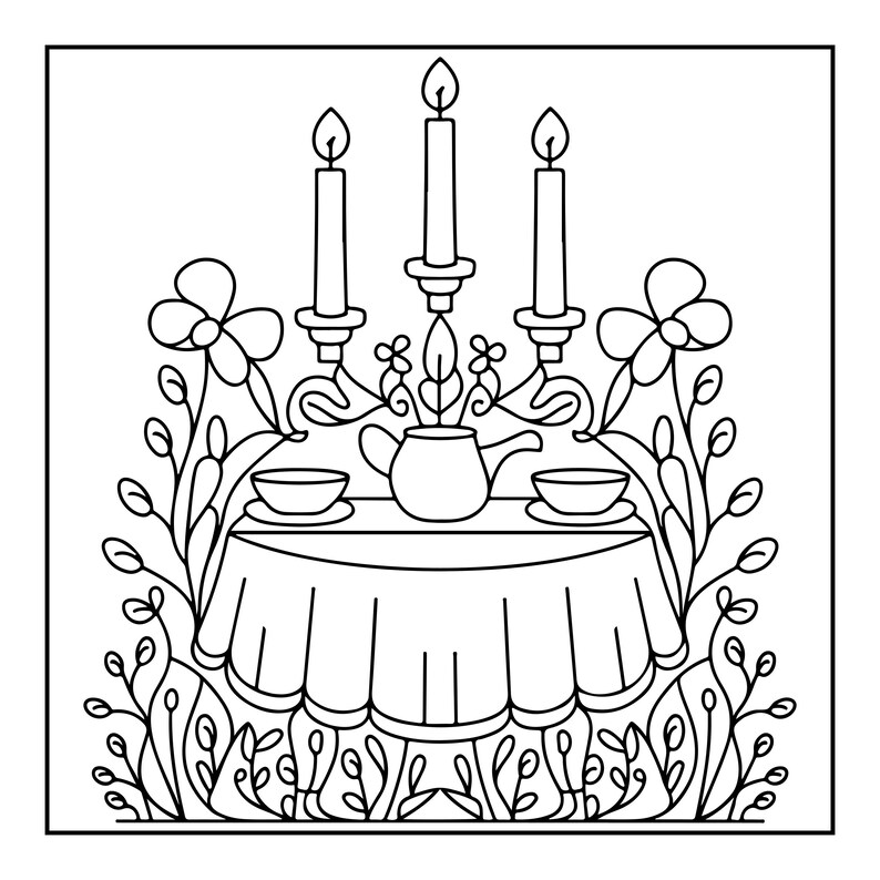 May include: A black and white line art illustration featuring a round table covered with a cloth, set with a teapot and two bowls. Behind the table, a three-armed candelabra holds lit candles. The entire scene is framed by tall, leafy floral stems.