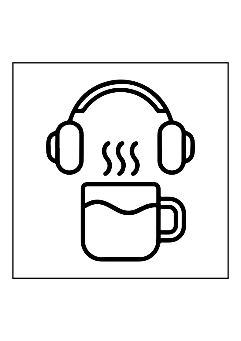 May include: A black and white line art icon featuring a pair of over-ear headphones positioned above a steaming mug. The mug has a handle on the right side and a wavy line indicating liquid inside, while three vertical steam lines rise above it.