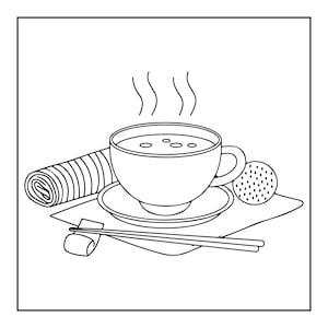 May include: A black and white line drawing of a steaming cup of tea on a saucer, accompanied by a rolled napkin, a pair of chopsticks on a rest, and a small round textured food item, all arranged on a square placemat.