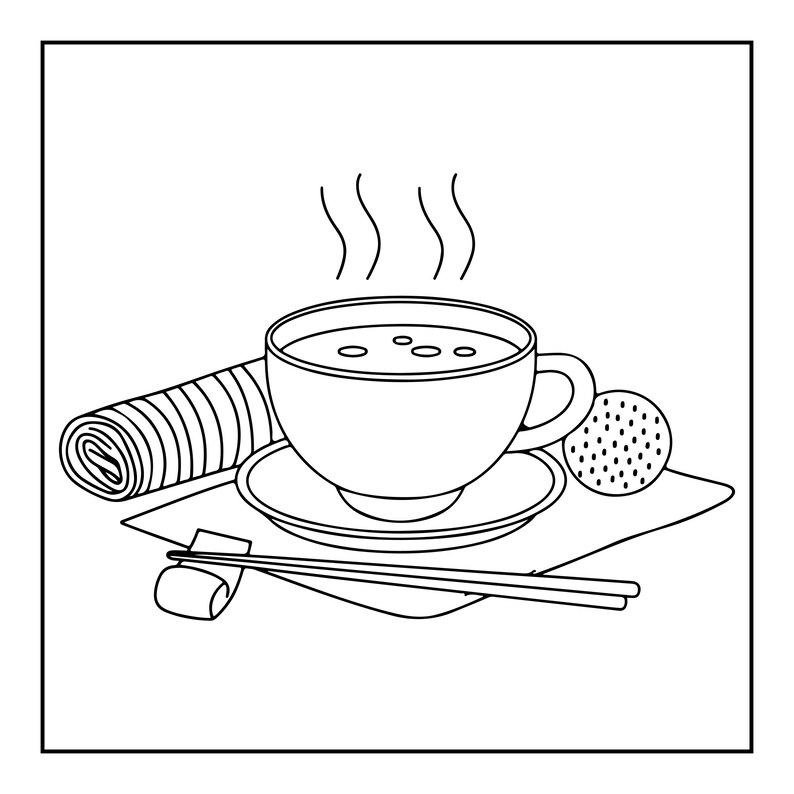 May include: A black and white line drawing of a steaming cup of tea on a saucer, accompanied by a rolled napkin, a pair of chopsticks on a rest, and a small round textured food item, all arranged on a square placemat.