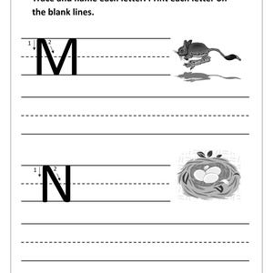 May include: A black and white educational worksheet titled Name, Trace and name each letter. Print each letter on the blank lines. It features the uppercase letters M and N with directional arrows, a jumping jerboa illustration, and a bird nest.