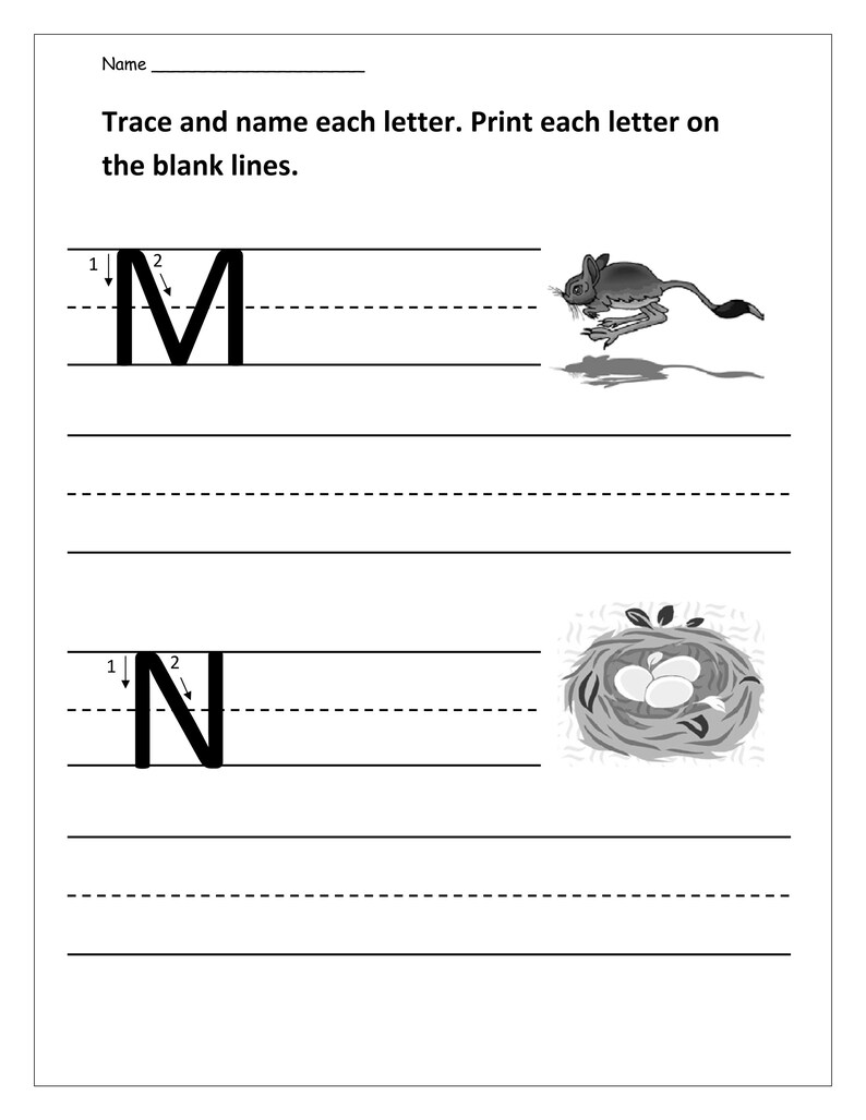 May include: A black and white educational worksheet titled Name, Trace and name each letter. Print each letter on the blank lines. It features the uppercase letters M and N with directional arrows, a jumping jerboa illustration, and a bird nest.