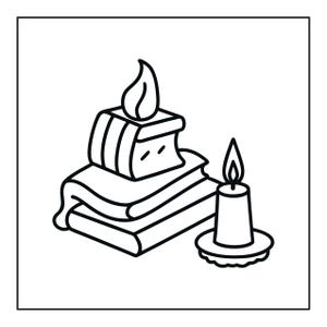 May include: A black and white line art illustration featuring a stack of three rectangular books with a single leaf shape resting on top. Beside the stack of books is a single lit candle in a holder with a visible flame and a circular base.