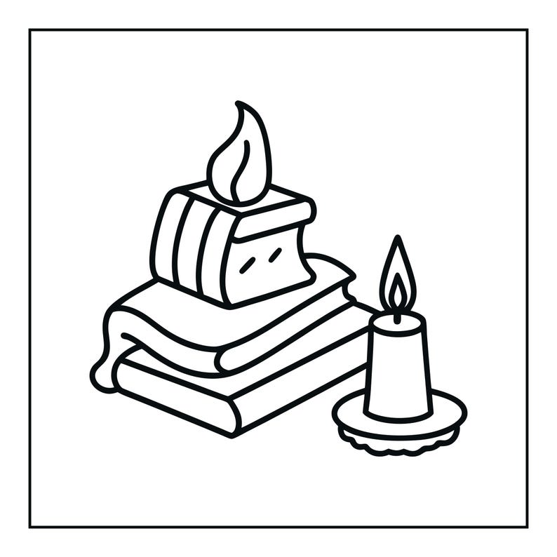 May include: A black and white line art illustration featuring a stack of three rectangular books with a single leaf shape resting on top. Beside the stack of books is a single lit candle in a holder with a visible flame and a circular base.