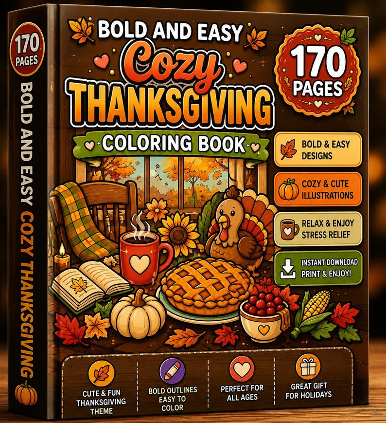 Op de afbeelding: Een Bold and Easy Cozy Thanksgiving kleurboek met 170 pagina's. De kaft toont een kalkoen, pompoentaart, een mok en herfstbladeren. De tekst bevat Bold and Easy Cozy Thanksgiving Coloring Book, 170 Pages, Bold & Easy Designs, Cozy & Cute Illustrations, Relax & Enjoy Stress Relief, Instant Download Print & Enjoy, Cute & Fun Thanksgiving Theme, Bold Outlines Easy to Color, Perfect for All Ages, Great Gift for Holidays.