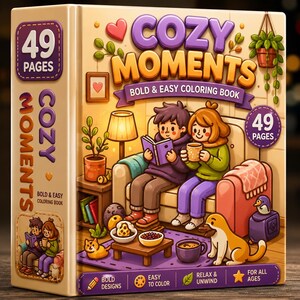 K&ouml;nnte beinhalten: Ein quadratisches Malbuch mit dem Titel Cozy Moments mit 49 Seiten. Das Cover zeigt eine Illustration von zwei Personen, die auf einem Sofa lesen und trinken, mit einem Hund, einer Katze, einer Lampe und einer Pflanze. Der Text lautet Bold & Easy Coloring Book.