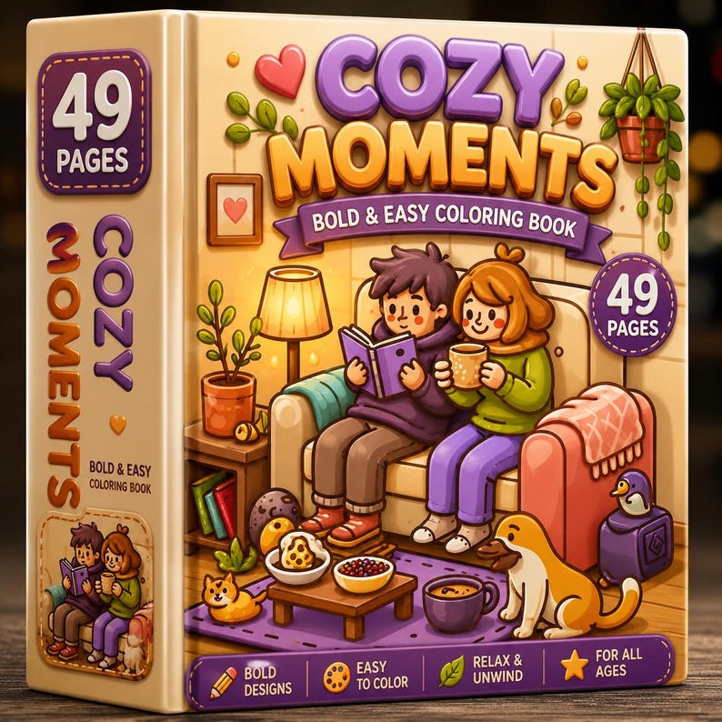 K&ouml;nnte beinhalten: Ein quadratisches Malbuch mit dem Titel Cozy Moments mit 49 Seiten. Das Cover zeigt eine Illustration von zwei Personen, die auf einem Sofa lesen und trinken, mit einem Hund, einer Katze, einer Lampe und einer Pflanze. Der Text lautet Bold & Easy Coloring Book.
