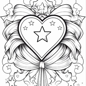 A black and white line art drawing of a heart with a star in the center, surrounded by ribbons, clouds, and smaller stars.