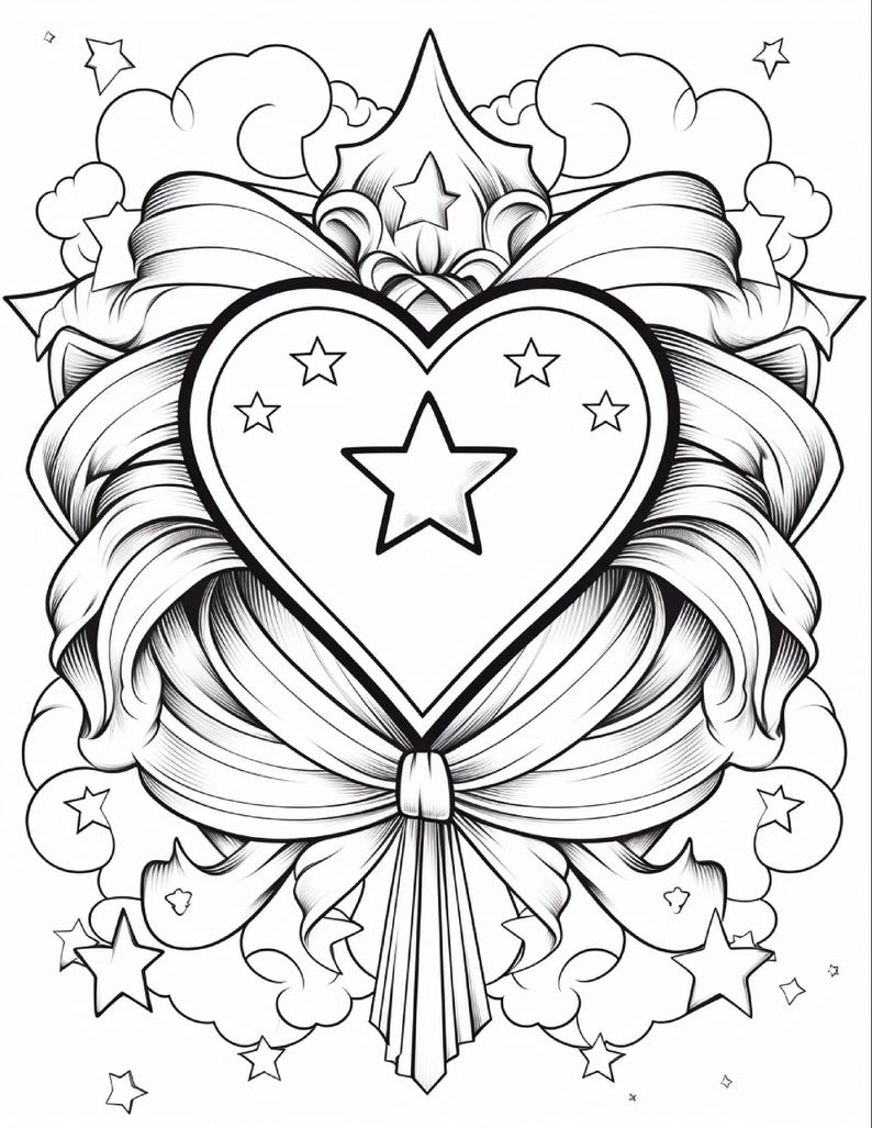 A black and white line art drawing of a heart with a star in the center, surrounded by ribbons, clouds, and smaller stars.