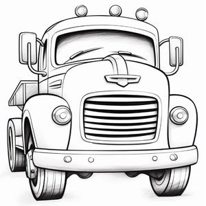 May include: A black and white line art illustration of a vintage-style lorry. The vehicle features a prominent front grille, rounded fenders, circular headlights, side mirrors, and three roof-mounted lights. The drawing has a clean outline.