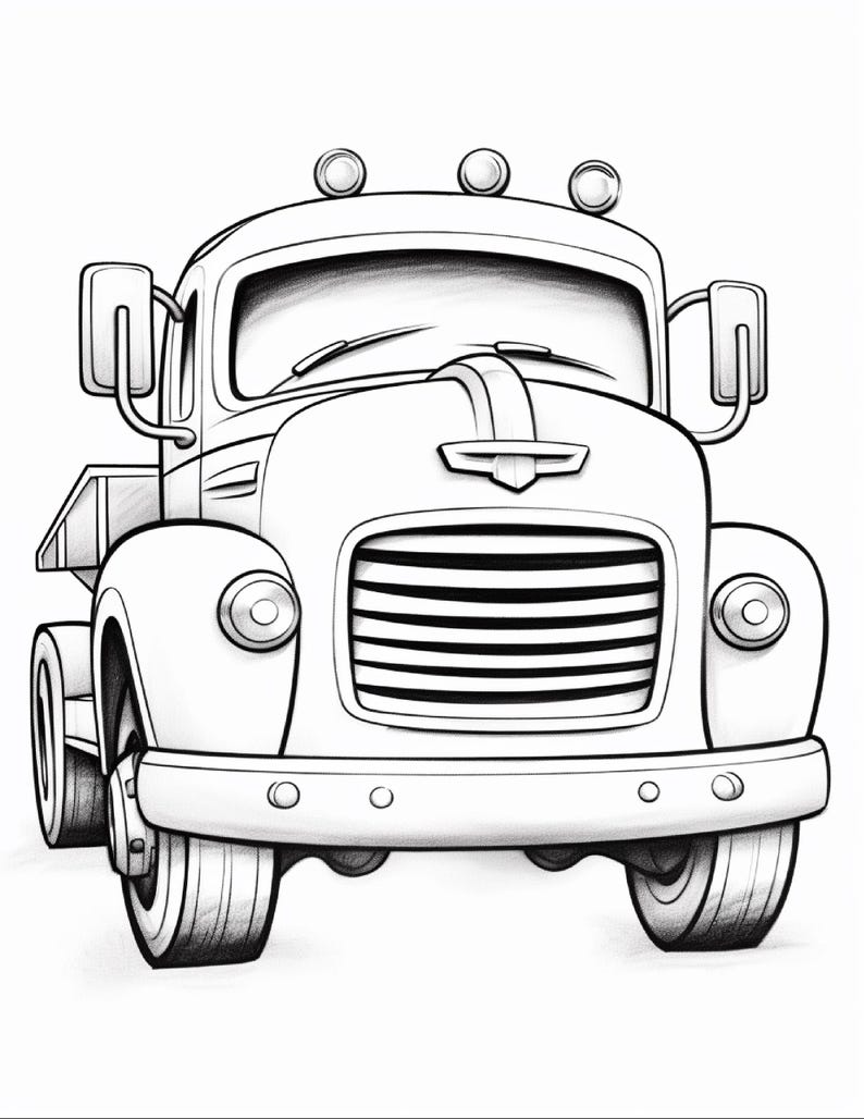May include: A black and white line art illustration of a vintage-style lorry. The vehicle features a prominent front grille, rounded fenders, circular headlights, side mirrors, and three roof-mounted lights. The drawing has a clean outline.