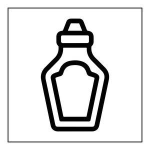 May include: A black and white line art icon of a condiment bottle. The graphic features a thick, bold outline of a bottle with a cap at the top and a central label area. The design is simple, symmetrical, and uses high-contrast black lines.