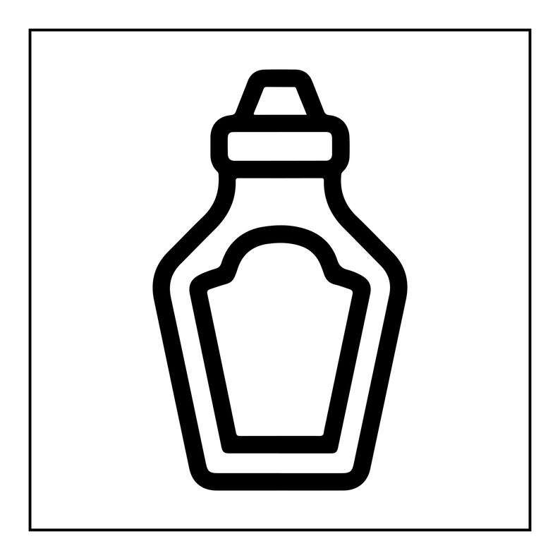 May include: A black and white line art icon of a condiment bottle. The graphic features a thick, bold outline of a bottle with a cap at the top and a central label area. The design is simple, symmetrical, and uses high-contrast black lines.