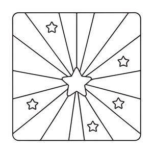 May include: A square black and white line art illustration featuring a central five-pointed star surrounded by radiating sunburst lines. Five smaller five-pointed stars are scattered across the background within the radiating pattern.