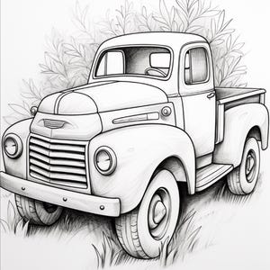 May include: A black and white pencil sketch of a vintage pickup truck with a rounded bonnet, a prominent front grille, and circular headlights. The truck is positioned in front of a cluster of leafy plants, with grass visible at the base of the tyres.
