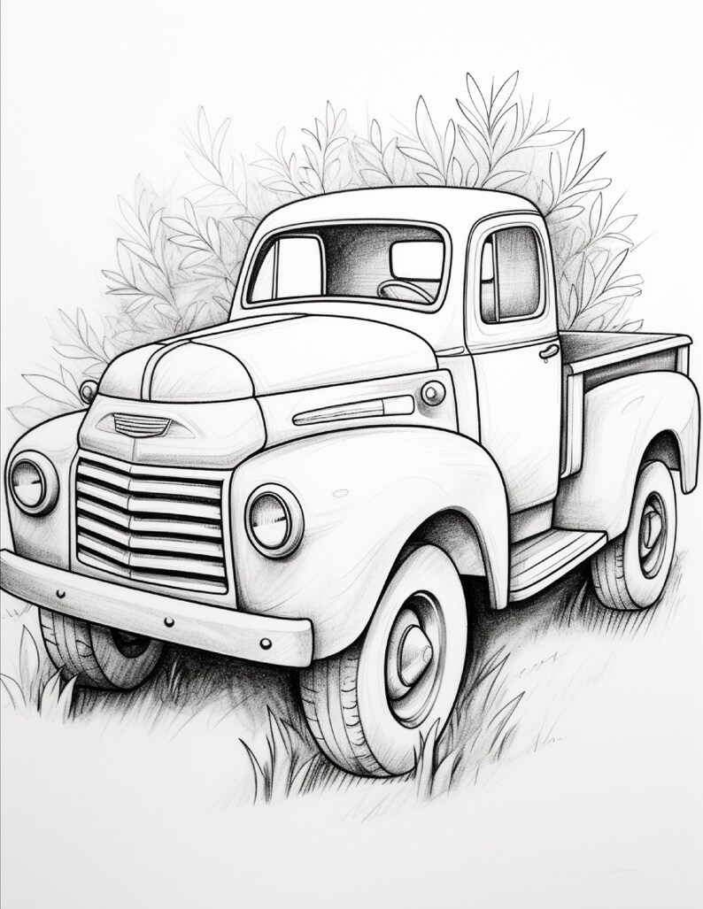 May include: A black and white pencil sketch of a vintage pickup truck with a rounded bonnet, a prominent front grille, and circular headlights. The truck is positioned in front of a cluster of leafy plants, with grass visible at the base of the tyres.