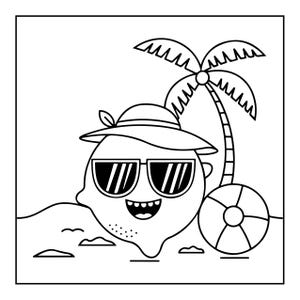 K&ouml;nnte beinhalten: Eine schwarz-wei&szlig;e Strichzeichnung eines Zitronen-Charakters mit Sonnenhut und Sonnenbrille. Die Zitrone ist neben einer Palme und einem Strandball positioniert. Das Design zeichnet sich durch einfache Umrisse und ein l&auml;chelndes Gesicht aus.