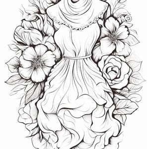 Pu&ograve; includere: Un'illustrazione in bianco e nero a tratto di un abito su un busto di manichino, caratterizzato da uno scollo con volant e una vita arricciata. L'abito &egrave; circondato da una fitta disposizione di fiori e foglie dettagliati disegnati a mano.