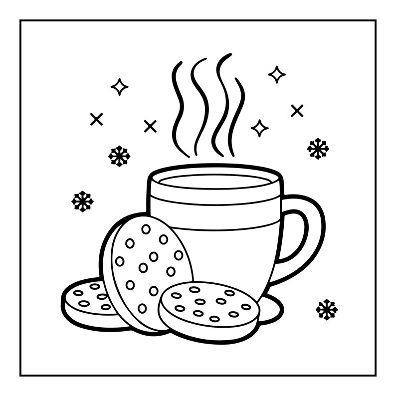 May include: A black and white line art illustration of a steaming mug of hot beverage accompanied by three round biscuits. The scene is decorated with small snowflake icons, four-pointed stars, and cross symbols, creating a winter theme.