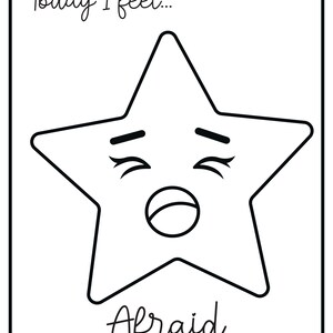 A printable flashcard featuring an afraid star face with an open mouth, labeled Today I feel... and Afraid.