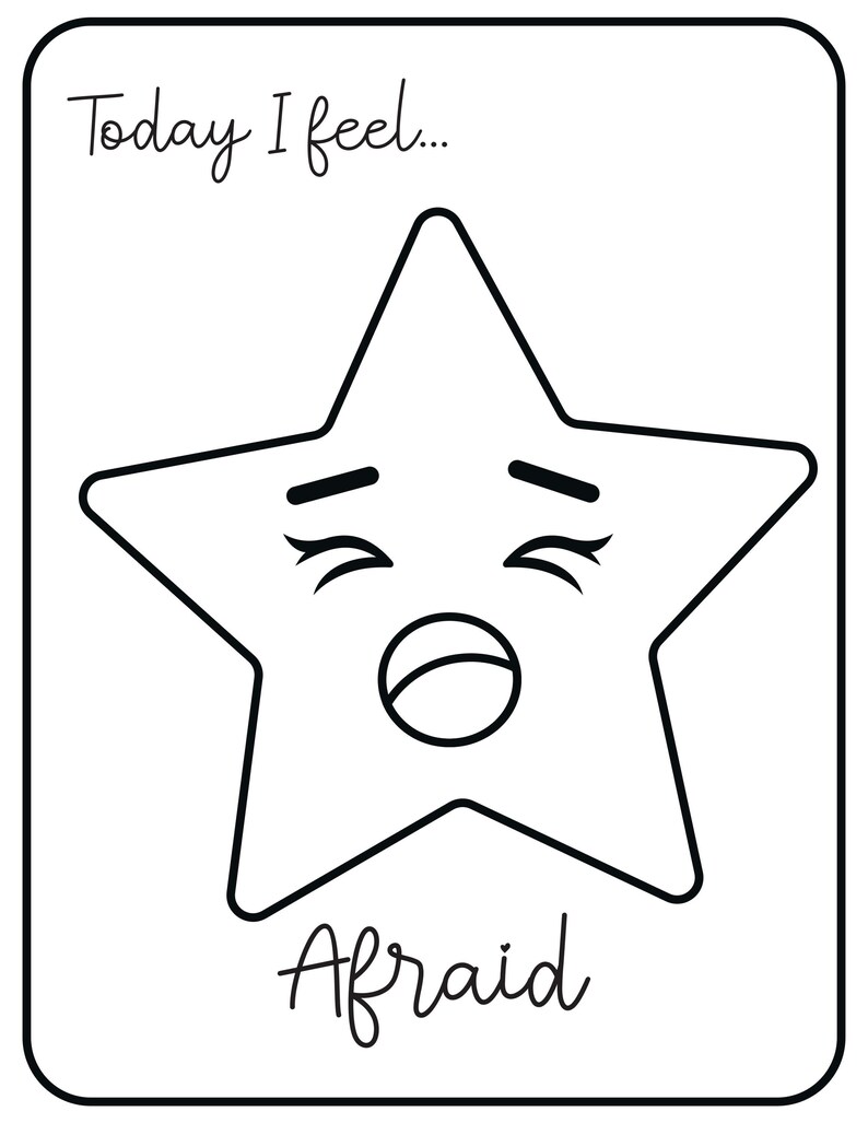 A printable flashcard featuring an afraid star face with an open mouth, labeled Today I feel... and Afraid.