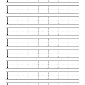 May include: A handwriting practice worksheet featuring nine horizontal rows. Each row contains a solid black uppercase letter J followed by seven dashed-line uppercase letter J characters, all set against a white background with light grey guidelines.